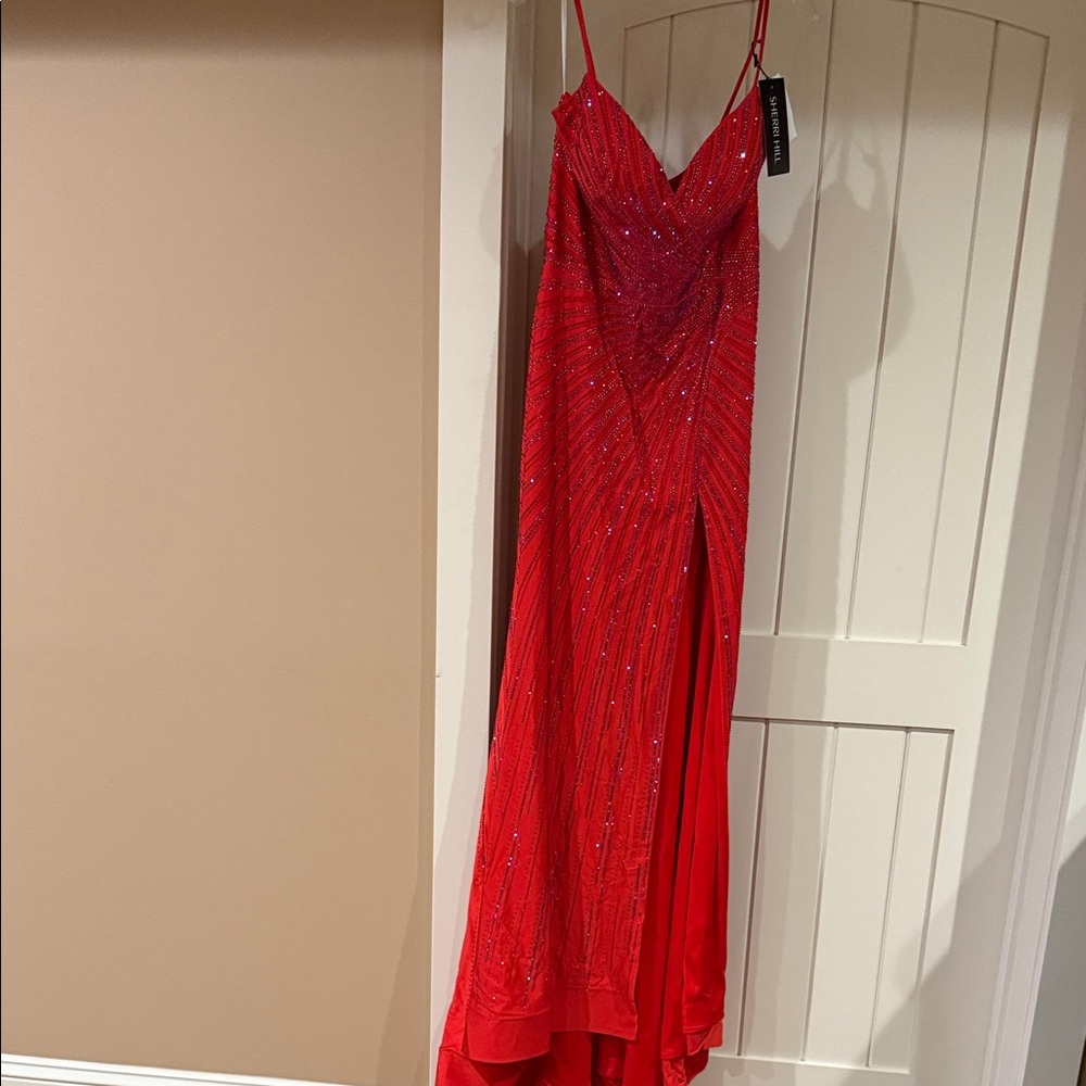 Sherri Hill Red Beaded Spaghetti-Strap Prom Gown